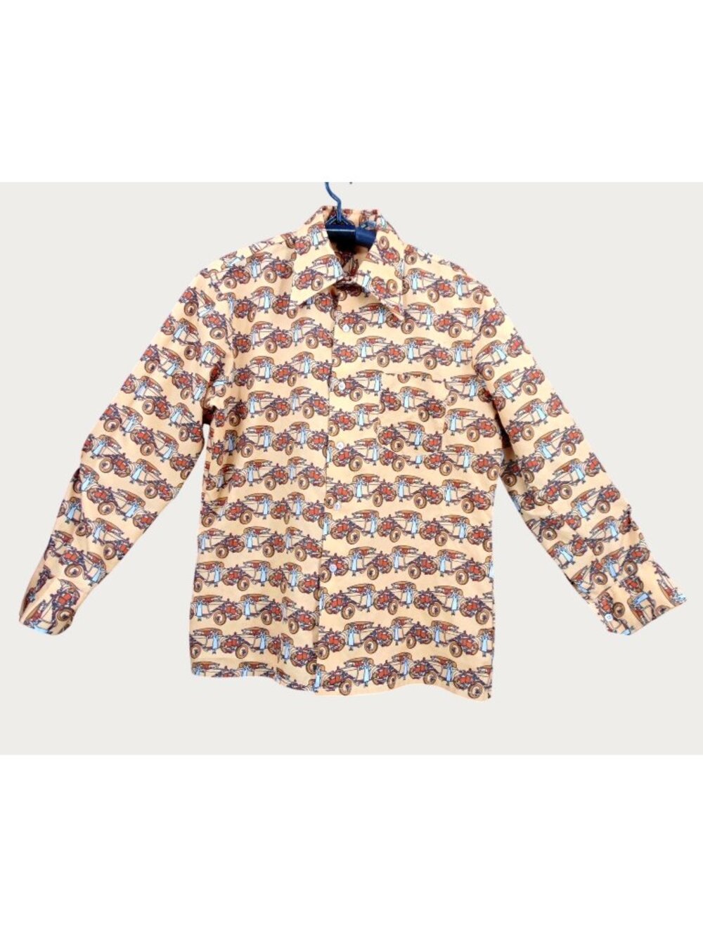 Nulook 70s Polyester Roadster 20s Theme Print Shirt M 16.5 Neck 34/35 Brown Tan